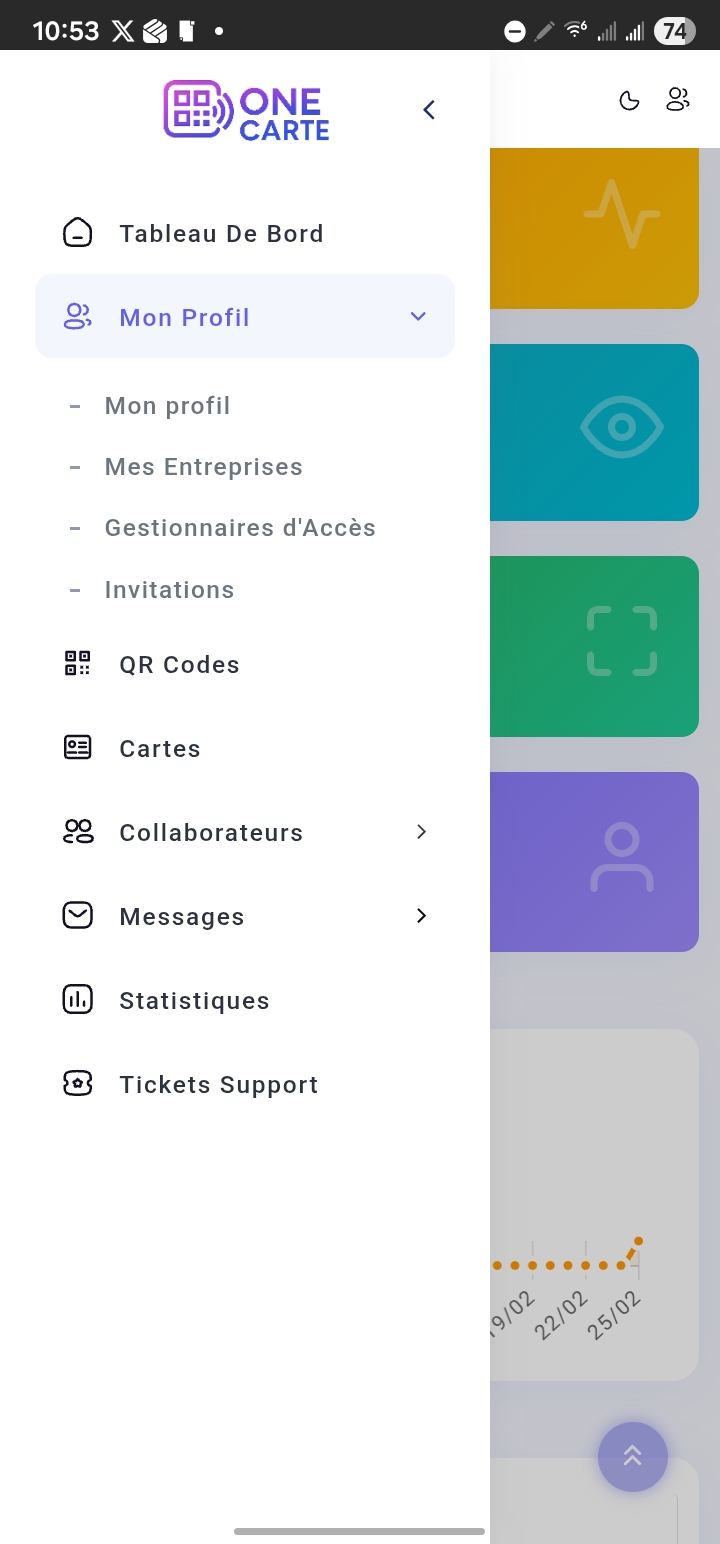 Tableau de bord ONE CARTE